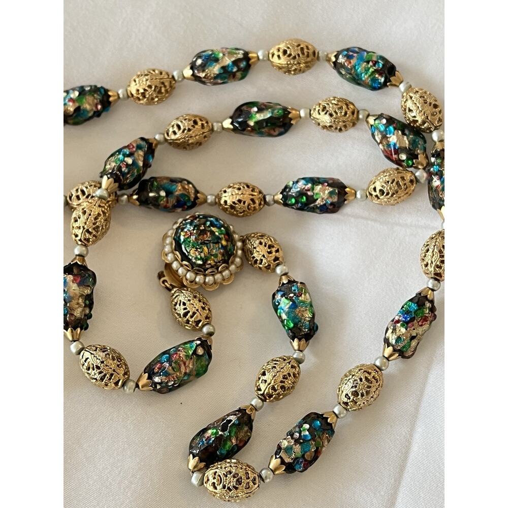 Vintage Napier Art Glass Necklace Hidden Clasp Venetian Confetti Beads Gold Tone